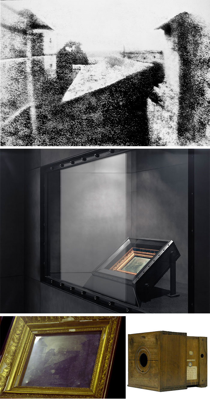 上图：盖蒂博物馆翻印的《窗外风景》；中图：这是在德克萨斯大学奥斯汀分校哈里兰瑟姆中心展柜《窗外风景》原件（图片来自Eric Beggs)；下图：尼埃普斯拍摄《窗外风景》时使用的相机